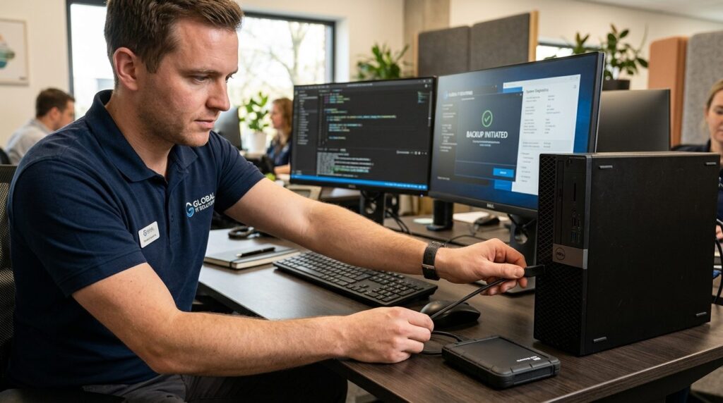 Close-up of male IT support specialist plugging external har