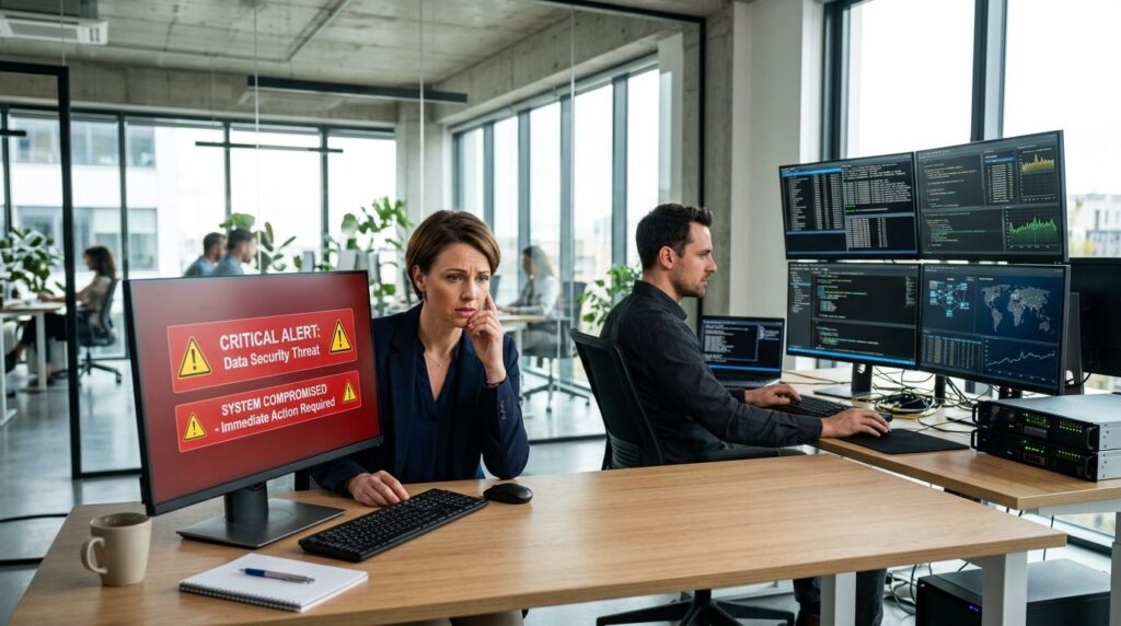 Small business owner or entrepreneur looking concerned at de