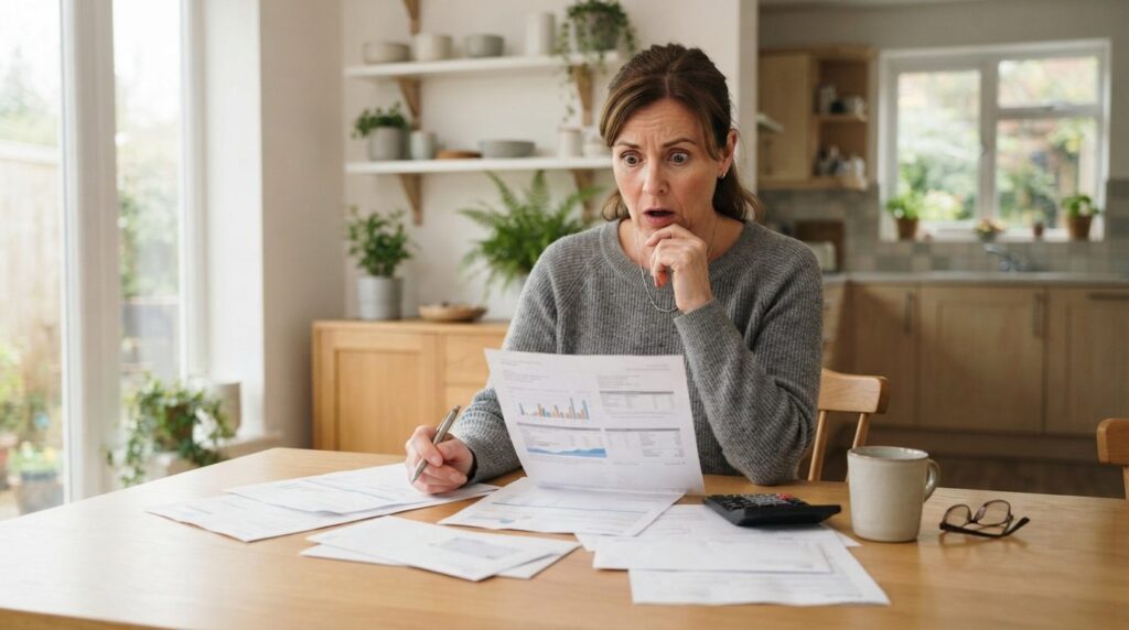 Homeowner reviewing water bill at kitchen table looking conc