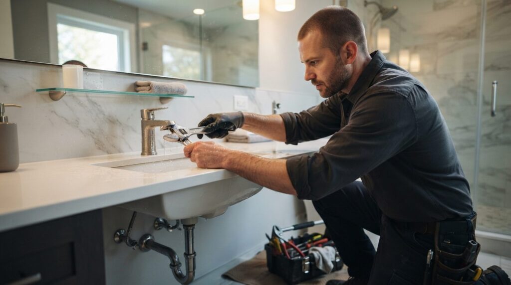 Authorized plumber fixing bathroom fixtures and faucet with 