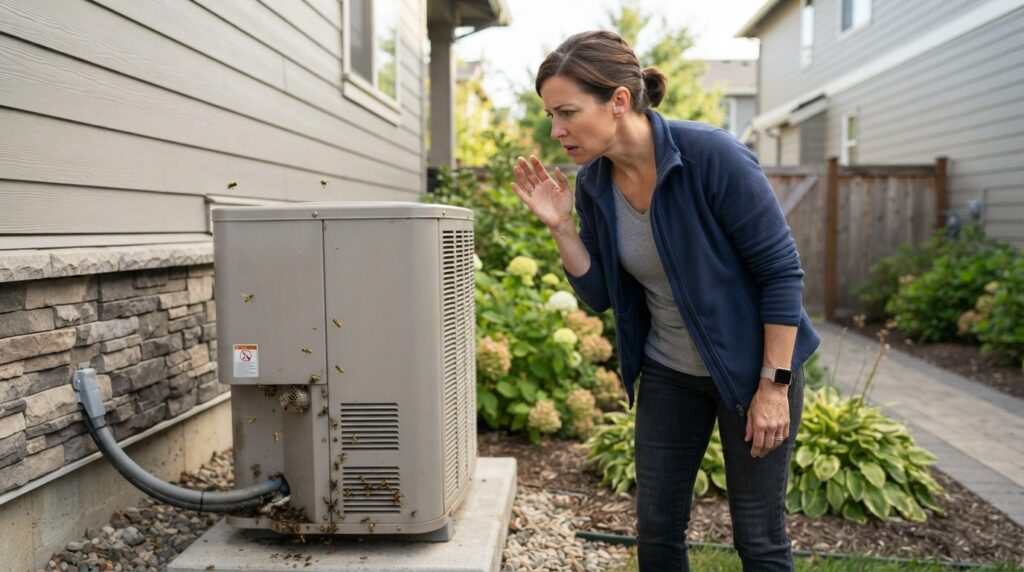 Professional stock photograph, 16:9 ratio, homeowner examini