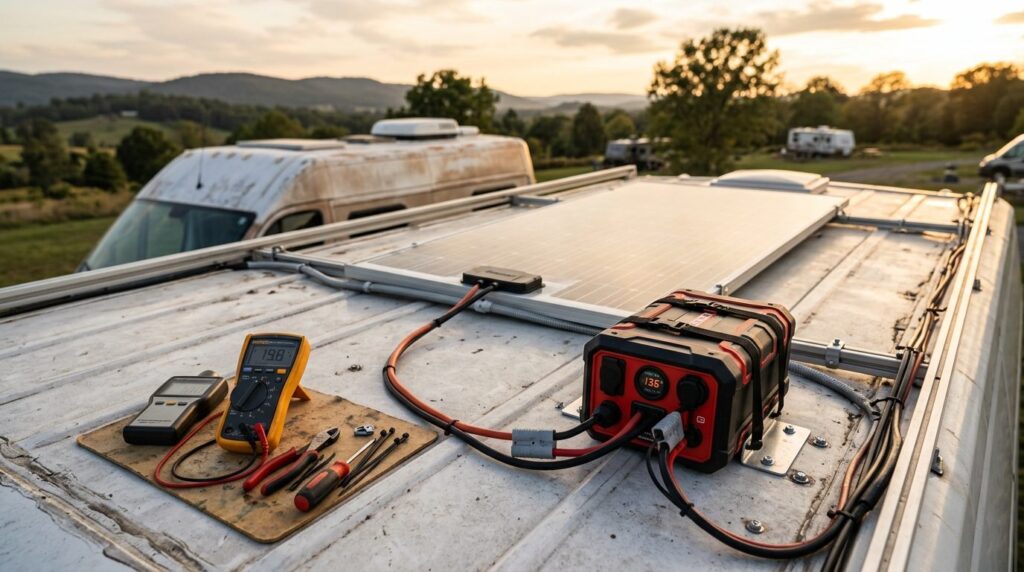 Close-up of a portable solar panel connected to a lithium ba