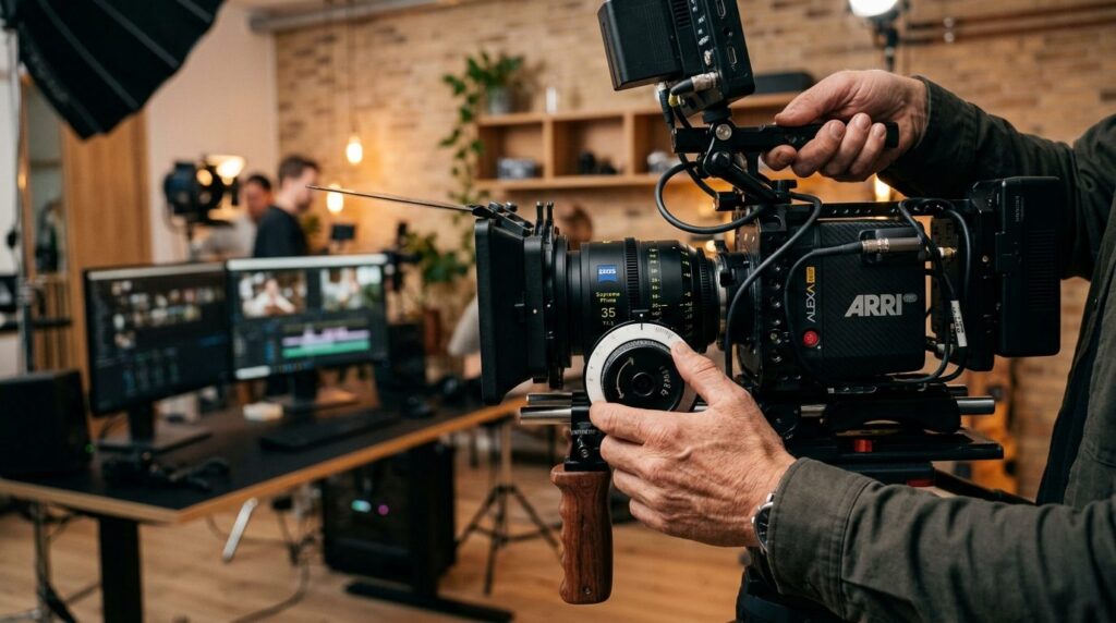 Close-up of videographers hands operating professional cine