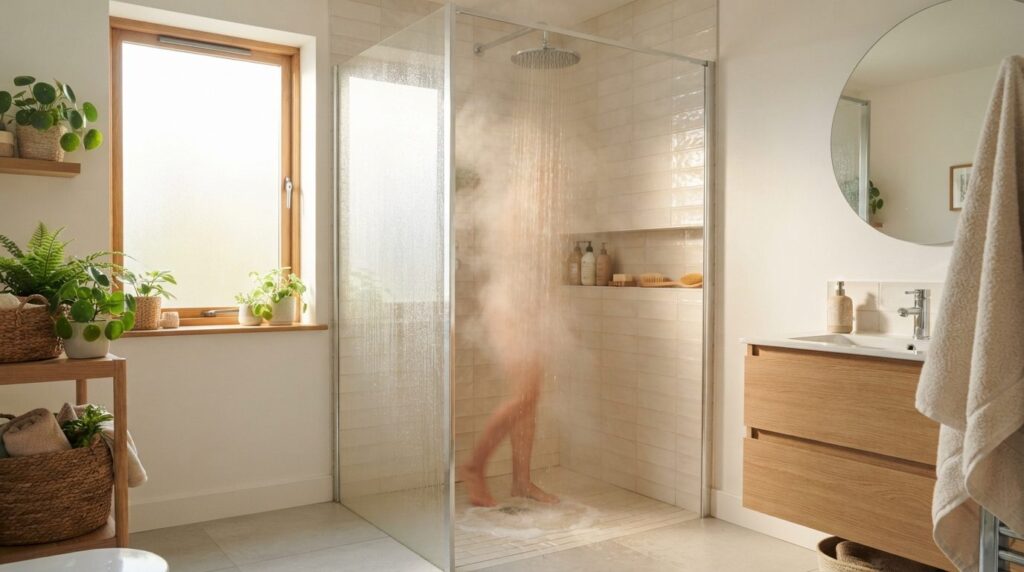 Realistic lifestyle bathroom scene: An eco-conscious family 