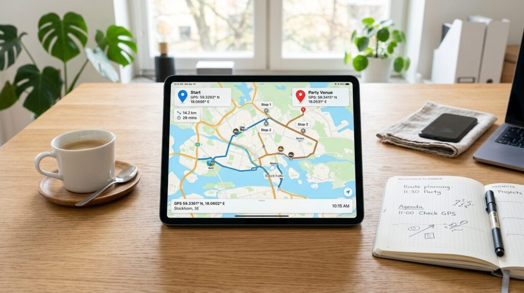 Overhead view of a digital route map displayed on a tablet s